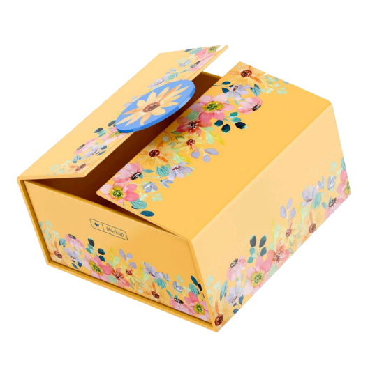 Yellow magnetic keepsake box with floral print