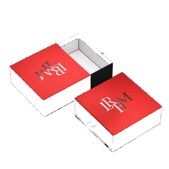 Red rigid drawer boxes with a white monogram