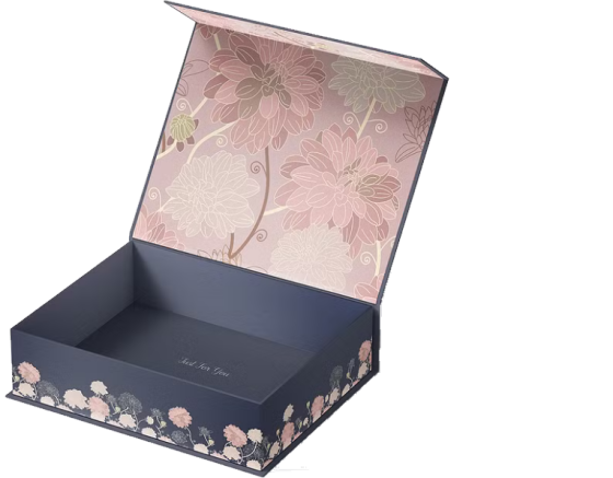 Navy magnetic rigid box open, with floral print inside the lid