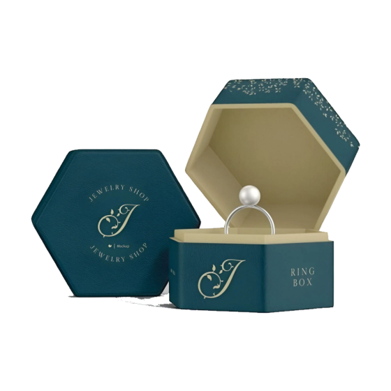 Teal hexagonal rigid ring boxes with a gold monogram