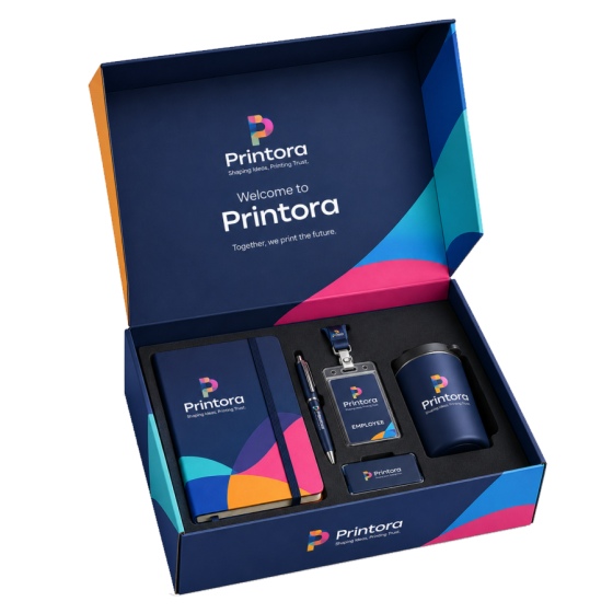 Open rigid kit box with a printed lid and fitted products